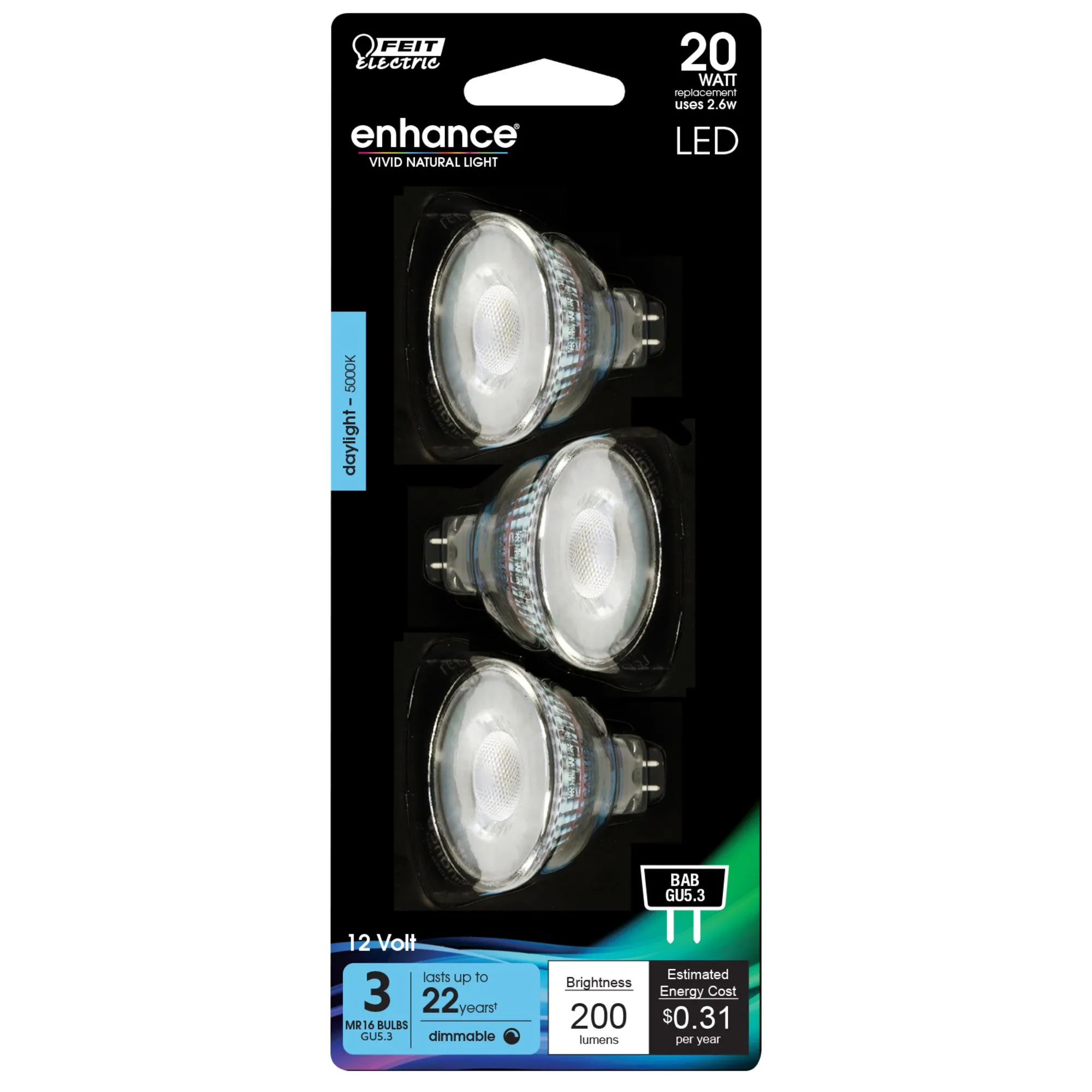 2.6W (20W Replacement) Daylight (5000K) MR16 Dimmable Reflector Enhance LED Light Bulb (3-Pack)