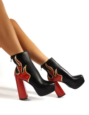 Ablaze Black Flame Detail Platform Block Heeled Ankle Boots