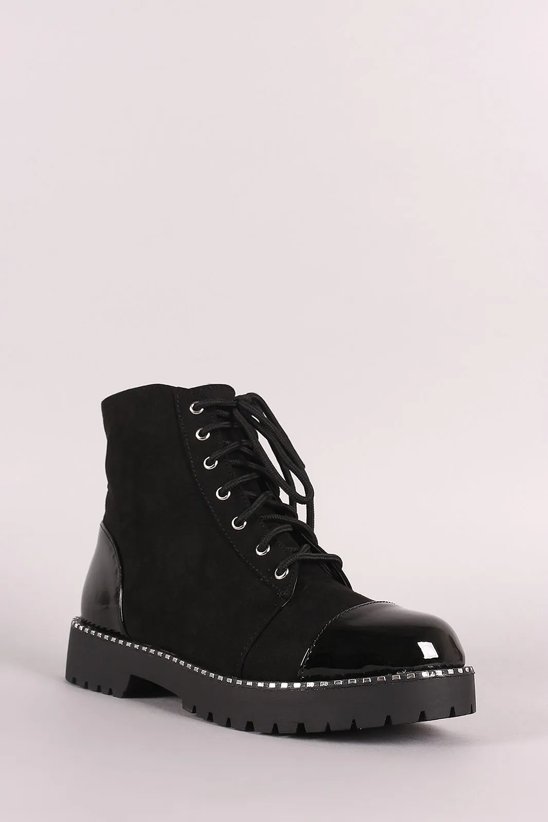 Bamboo Cap Toe Metallic Dotted Lace-Up Combat Ankle Boots