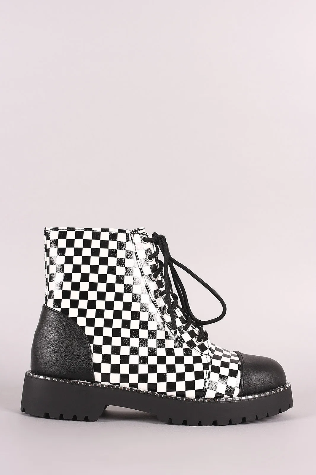 Bamboo Cap Toe Metallic Dotted Lace-Up Combat Ankle Boots