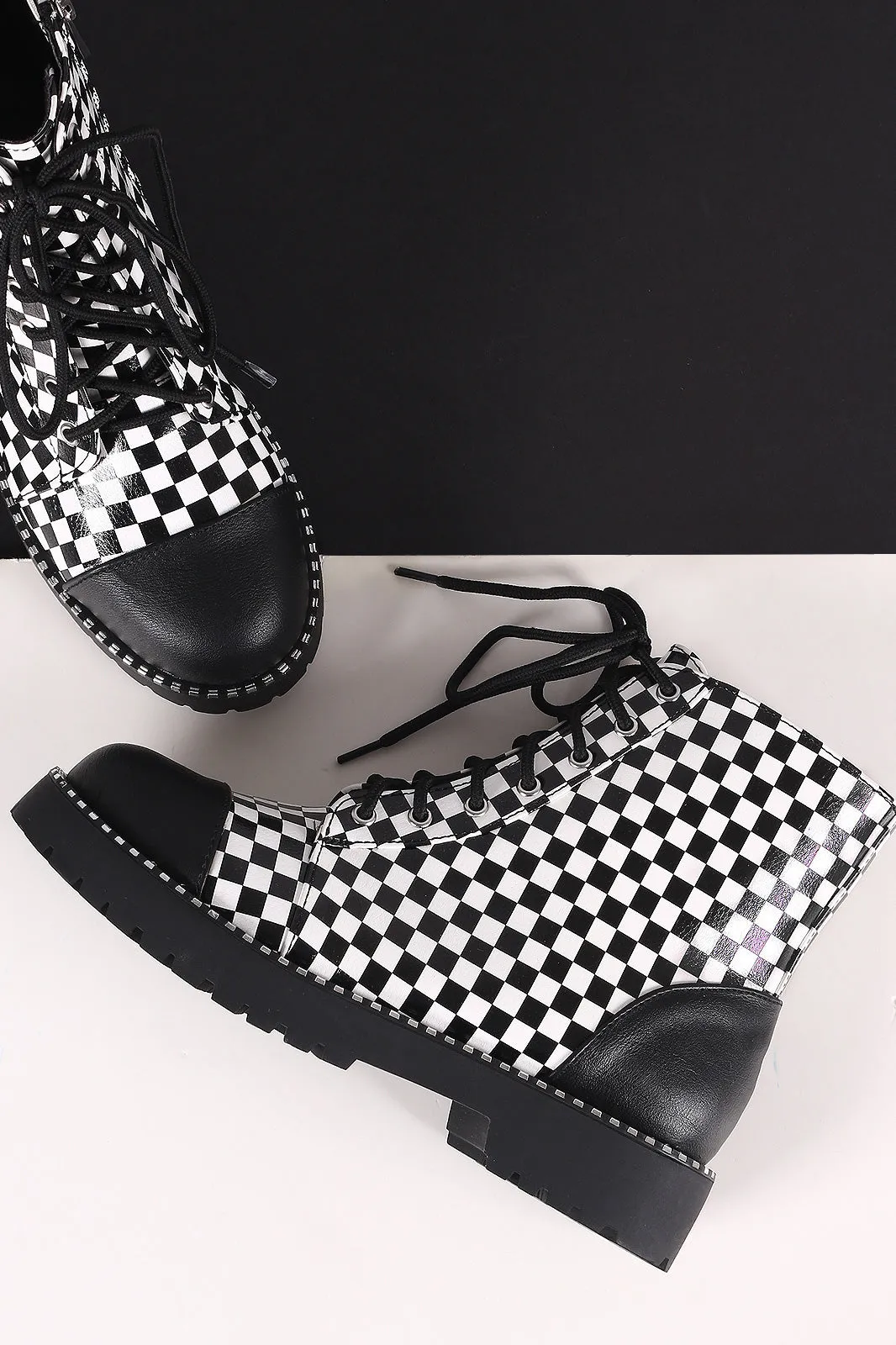 Bamboo Cap Toe Metallic Dotted Lace-Up Combat Ankle Boots