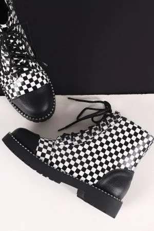 Bamboo Cap Toe Metallic Dotted Lace-Up Combat Ankle Boots