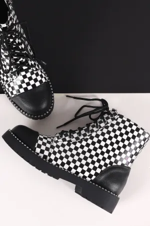 Bamboo Cap Toe Metallic Dotted Lace-Up Combat Ankle Boots