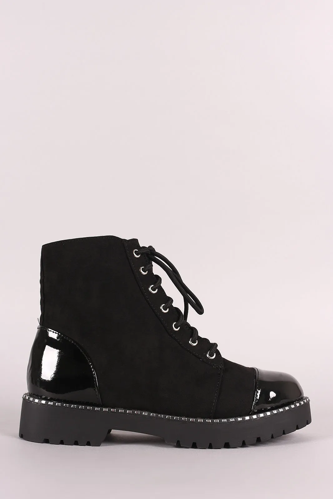 Bamboo Cap Toe Metallic Dotted Lace-Up Combat Ankle Boots