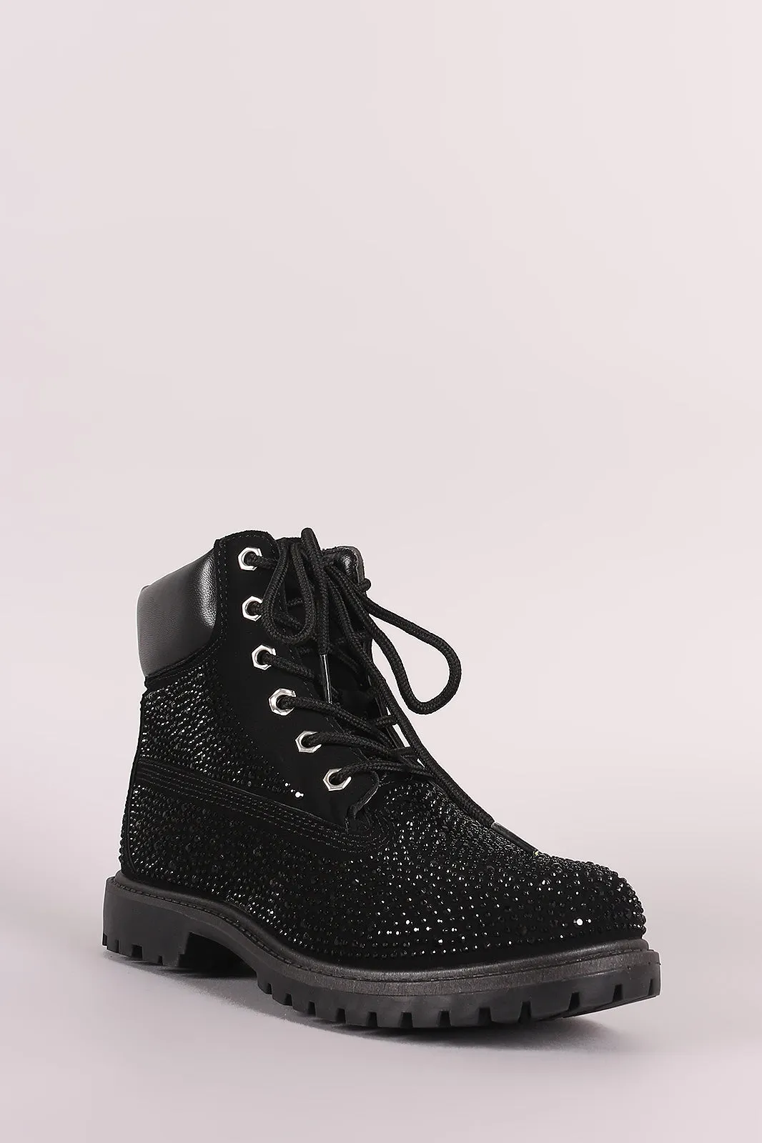 Bamboo Rhinestone Accent Lace Up Ankle Boots