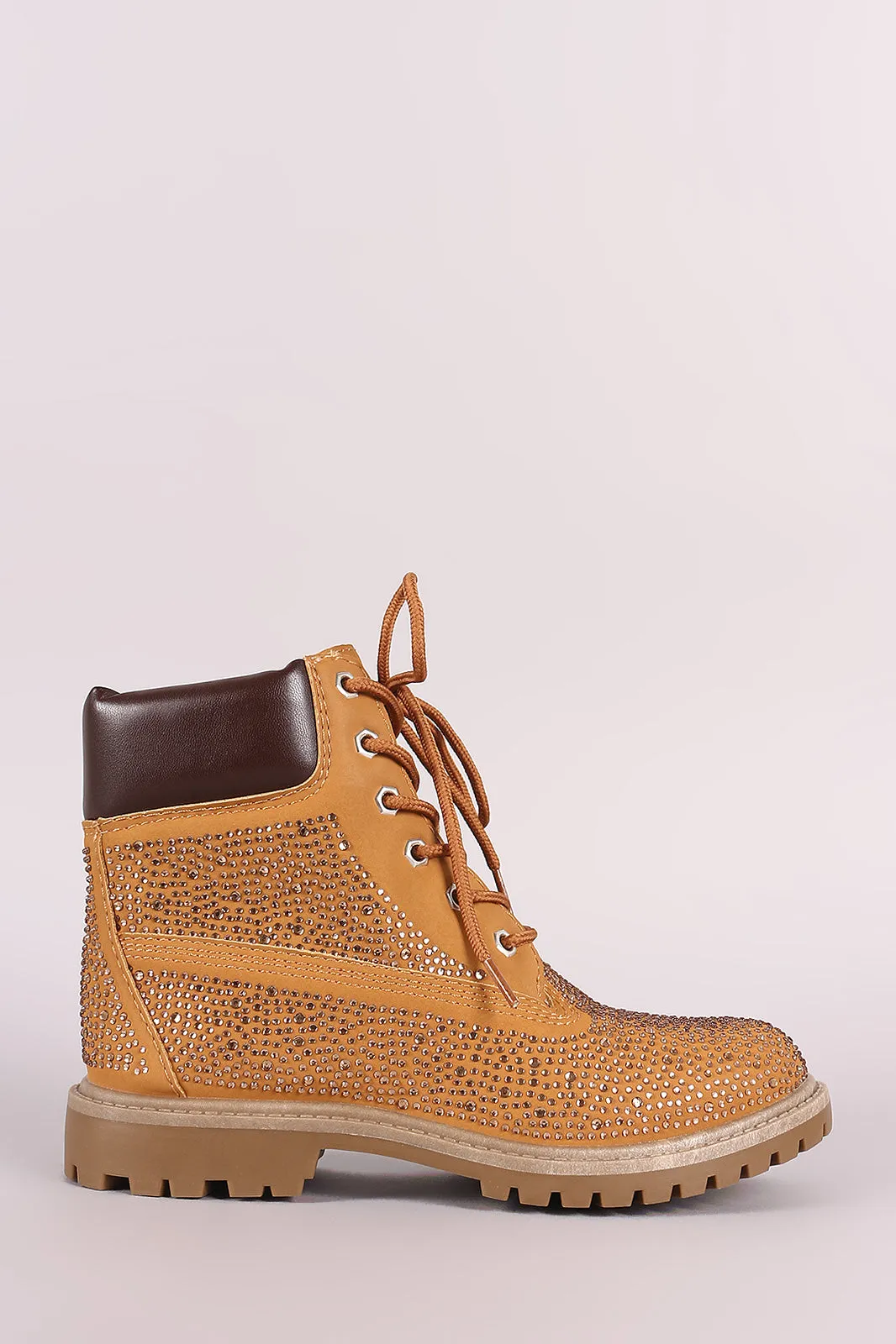 Bamboo Rhinestone Accent Lace Up Ankle Boots