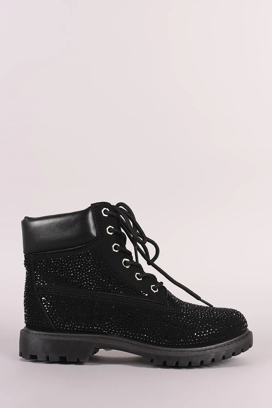 Bamboo Rhinestone Accent Lace Up Ankle Boots