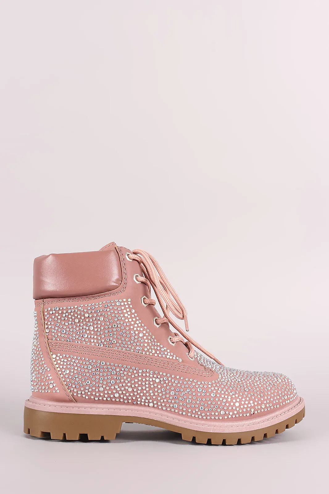 Bamboo Rhinestone Accent Lace Up Ankle Boots