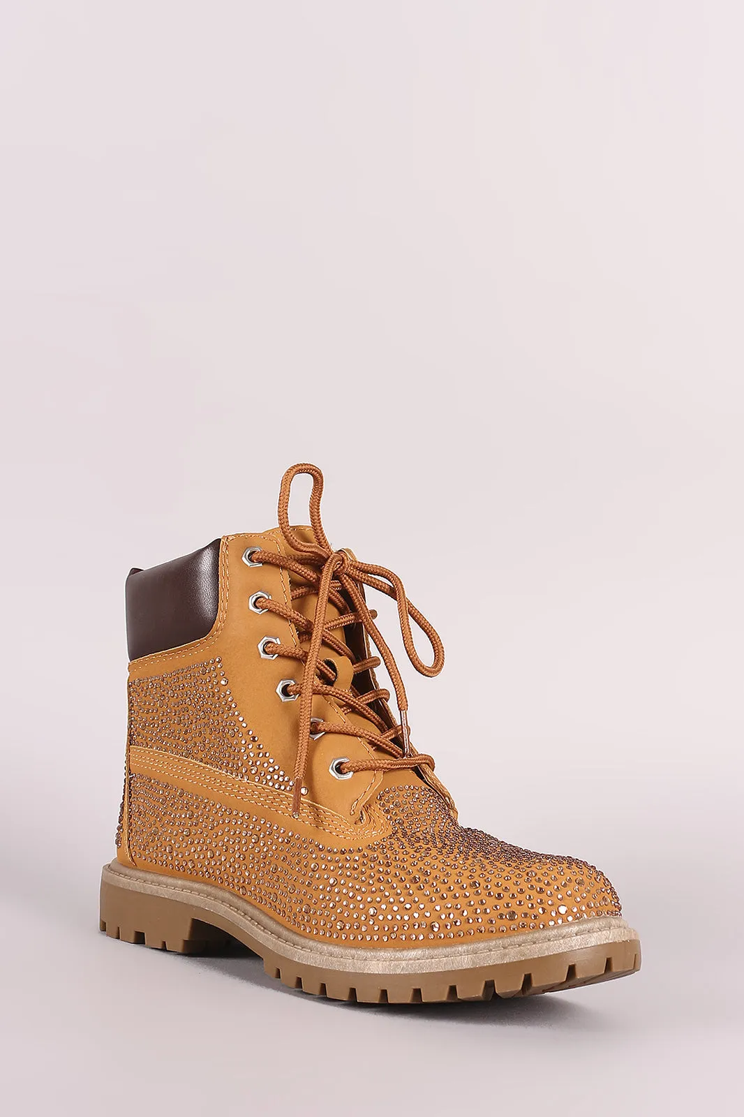 Bamboo Rhinestone Accent Lace Up Ankle Boots