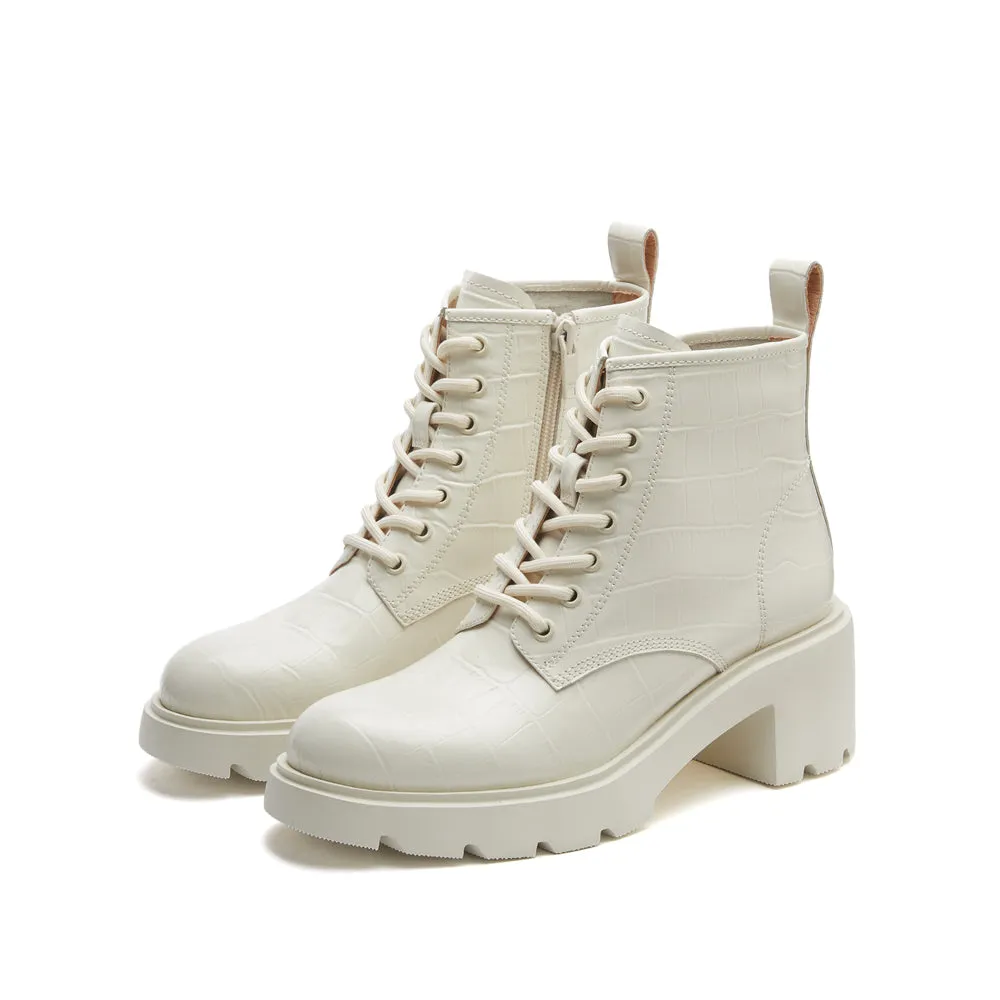 Beige Embossed Platform Lace Up Ankle Boots