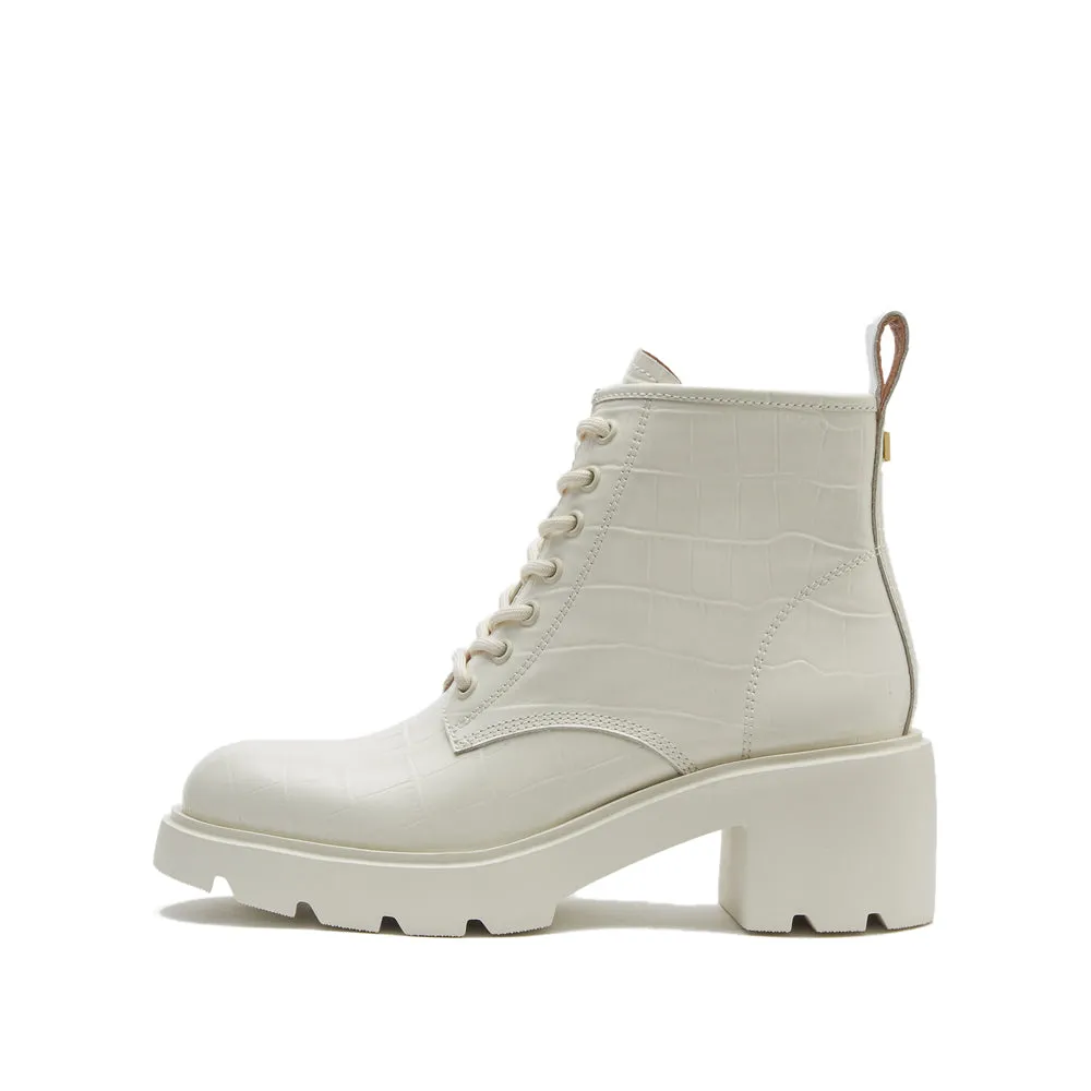 Beige Embossed Platform Lace Up Ankle Boots