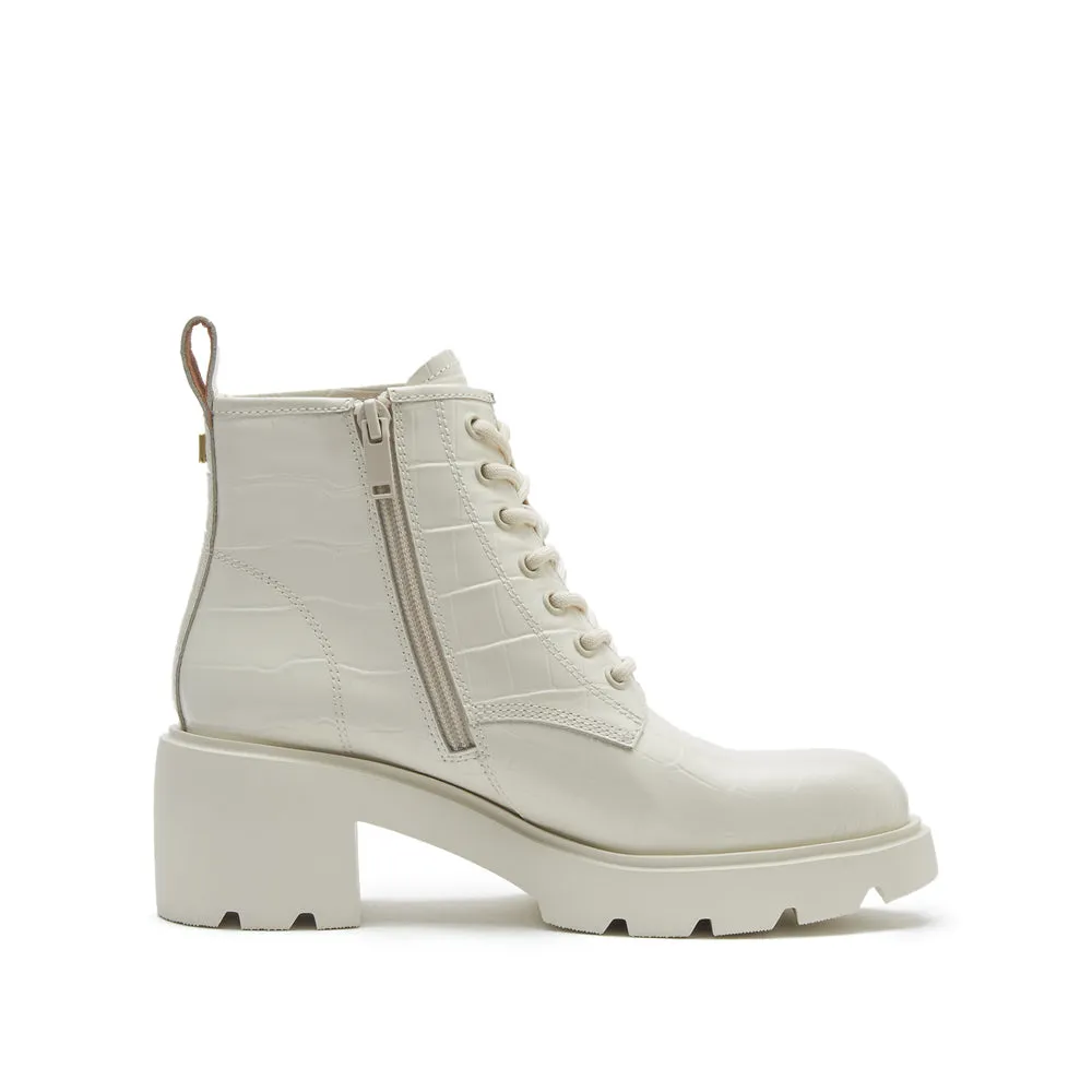 Beige Embossed Platform Lace Up Ankle Boots