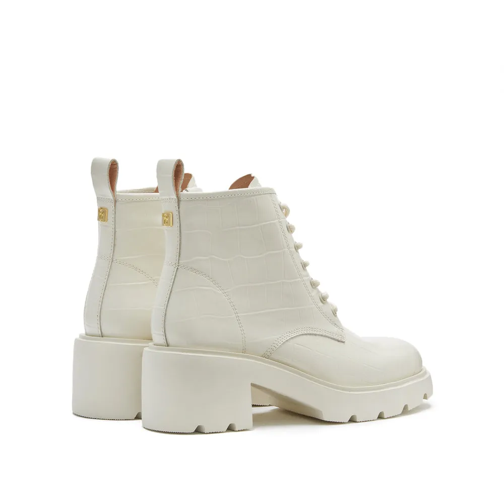 Beige Embossed Platform Lace Up Ankle Boots