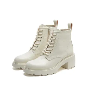 Beige Embossed Platform Lace Up Ankle Boots