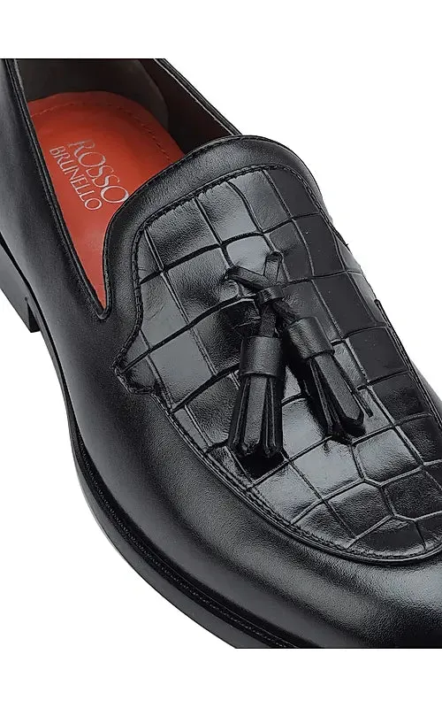 Black Croco Textured Loafers With Tassels