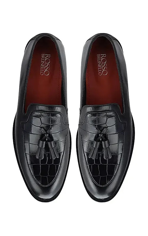 Black Croco Textured Loafers With Tassels