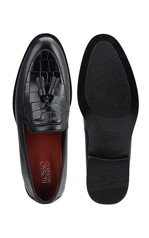 Black Croco Textured Loafers With Tassels