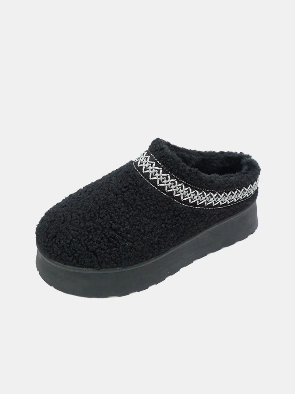 Black Embroidered Trim Platform Sherpa Boots
