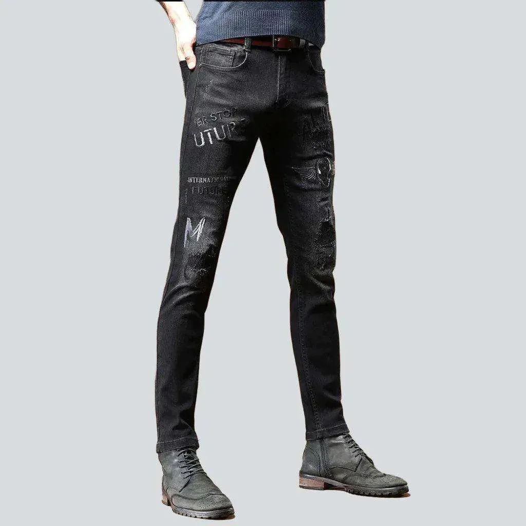 Black embroidery skinny men's jeans