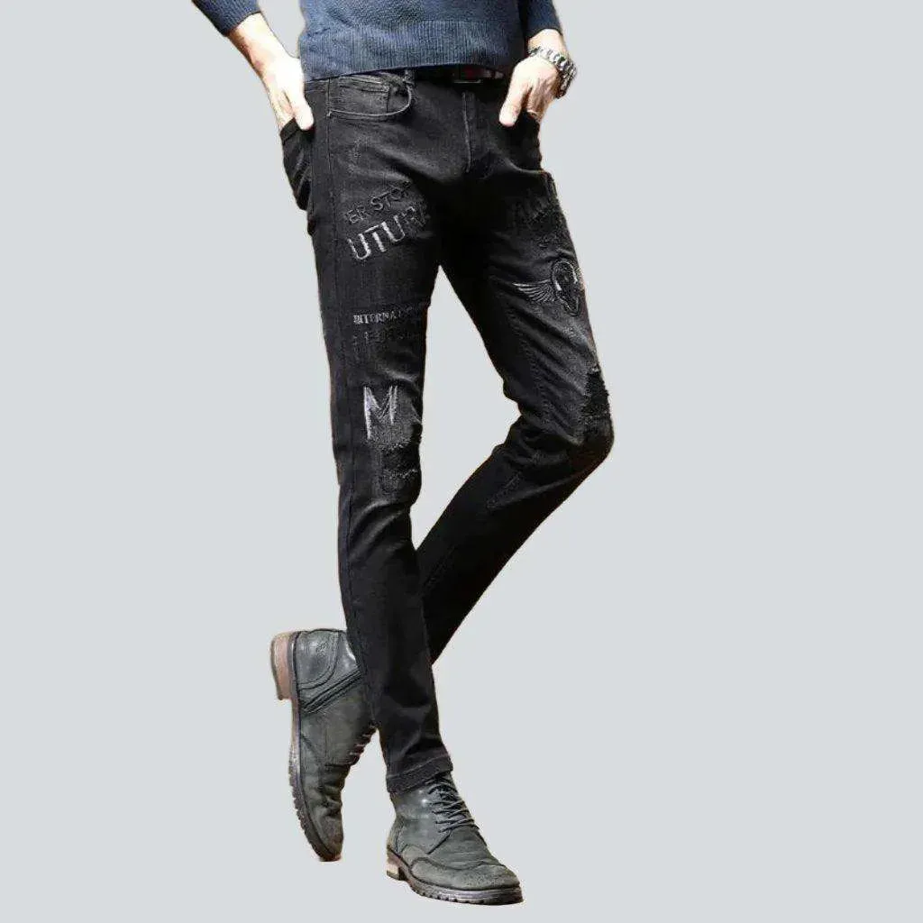 Black embroidery skinny men's jeans