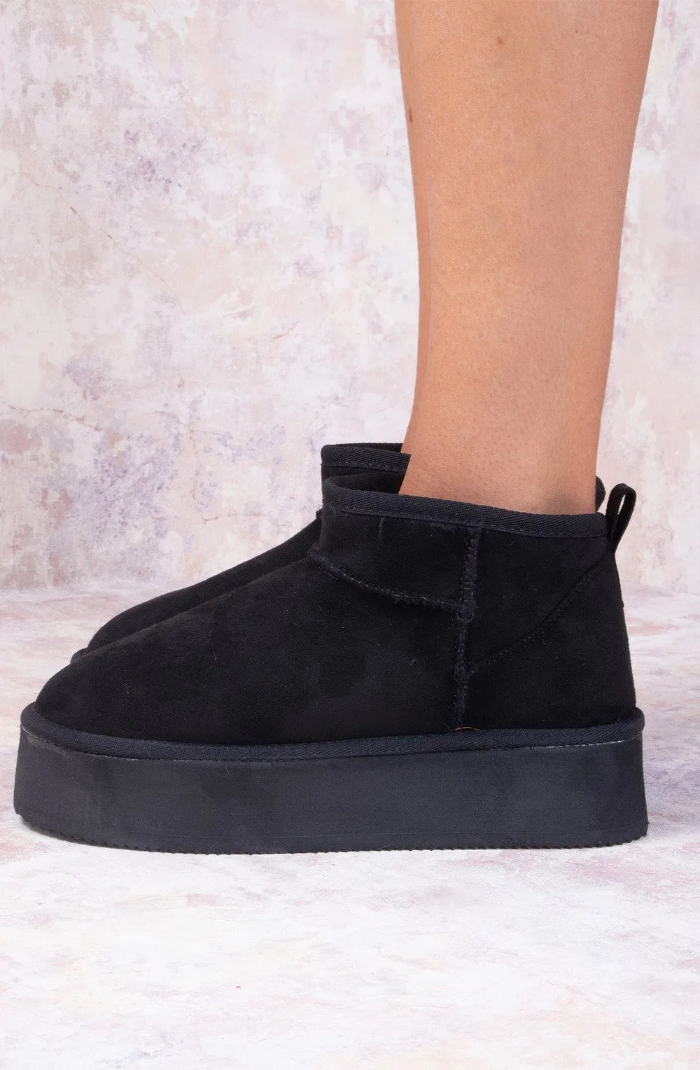 Black Faux Suede Ultra  Mini Ankle Platform Boots