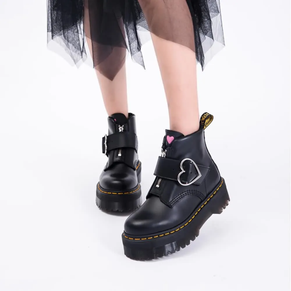 Black Gothic Punk Heart Buckle Platform Ankle Boots