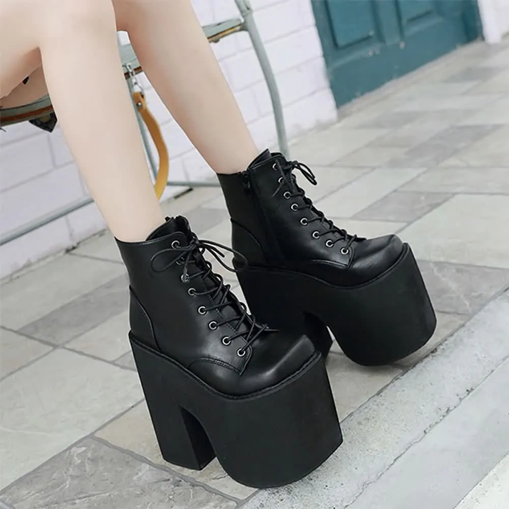 Black Gothic Punk Lace Up Chunky Platform Ankle Boots
