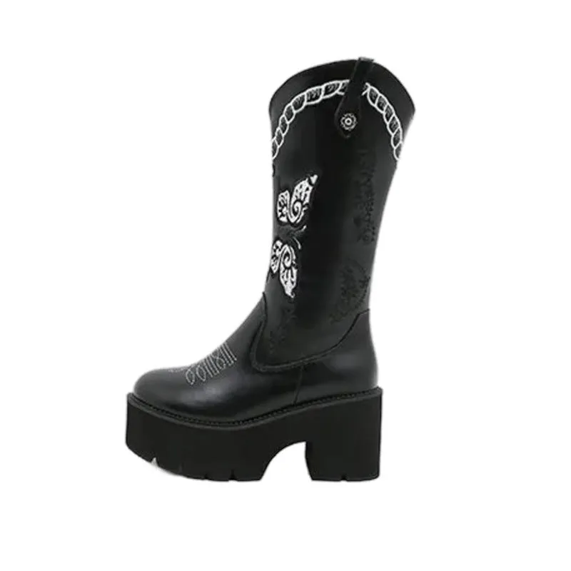 Black Leather Butterfly Platform Heel Cowgirl Boots
