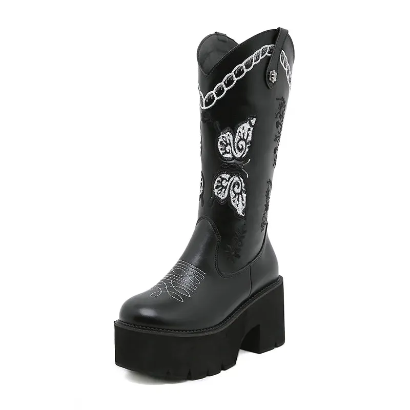 Black Leather Butterfly Platform Heel Cowgirl Boots