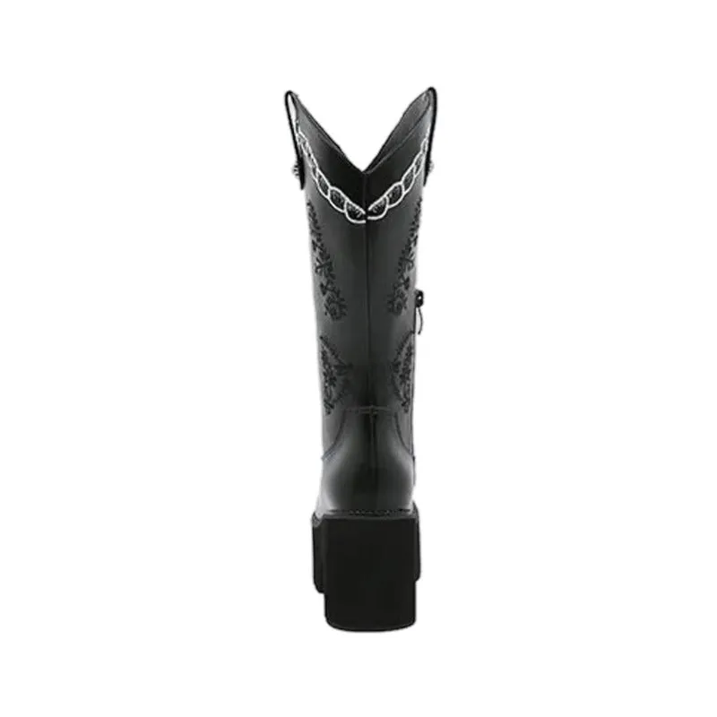 Black Leather Butterfly Platform Heel Cowgirl Boots