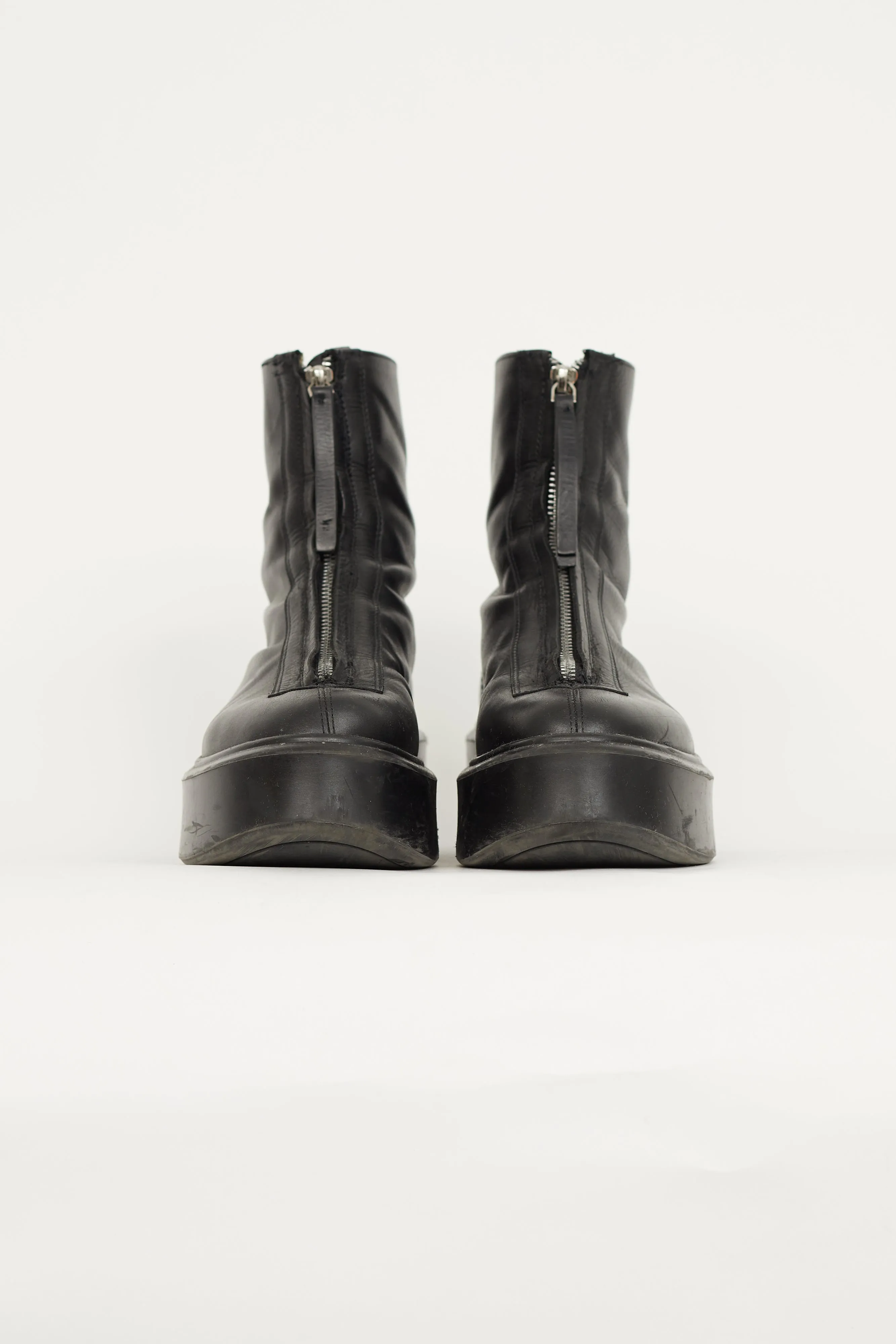 Black Leather Chunky Zip Front Boot