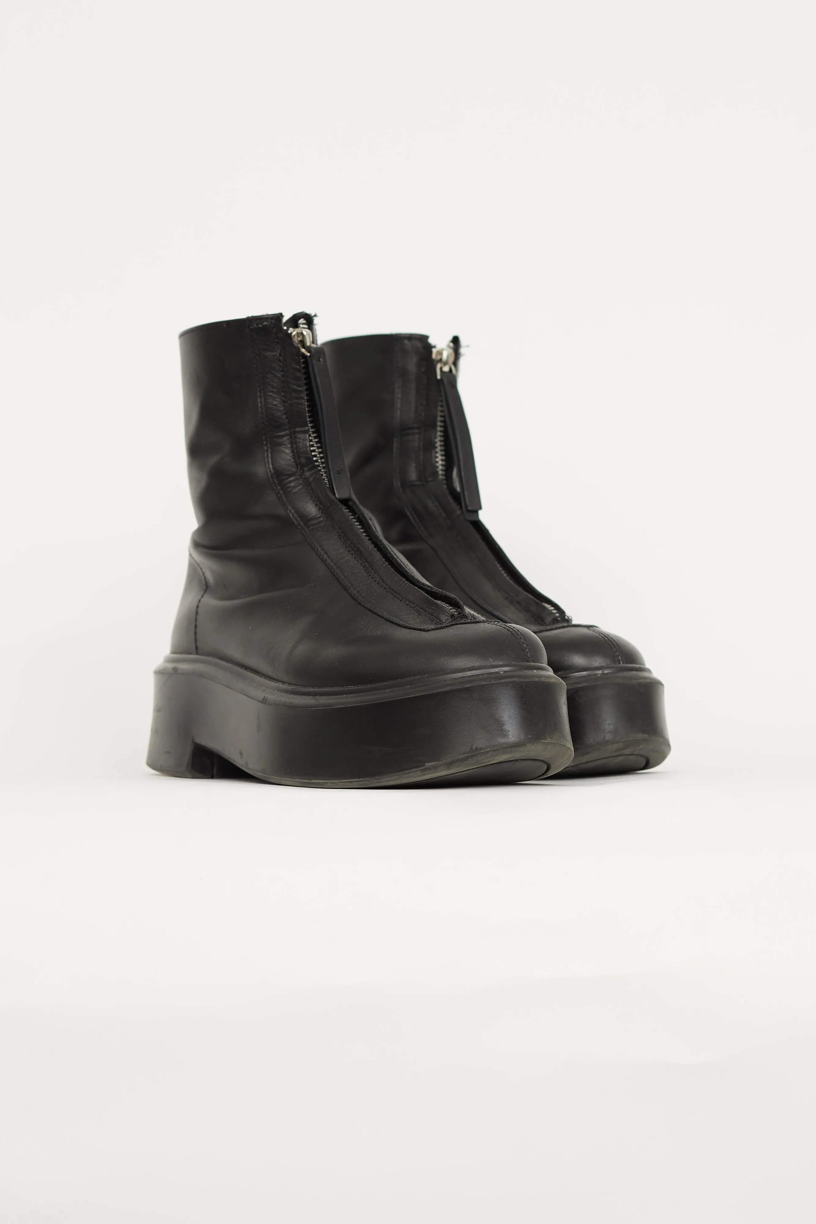 Black Leather Chunky Zip Front Boot