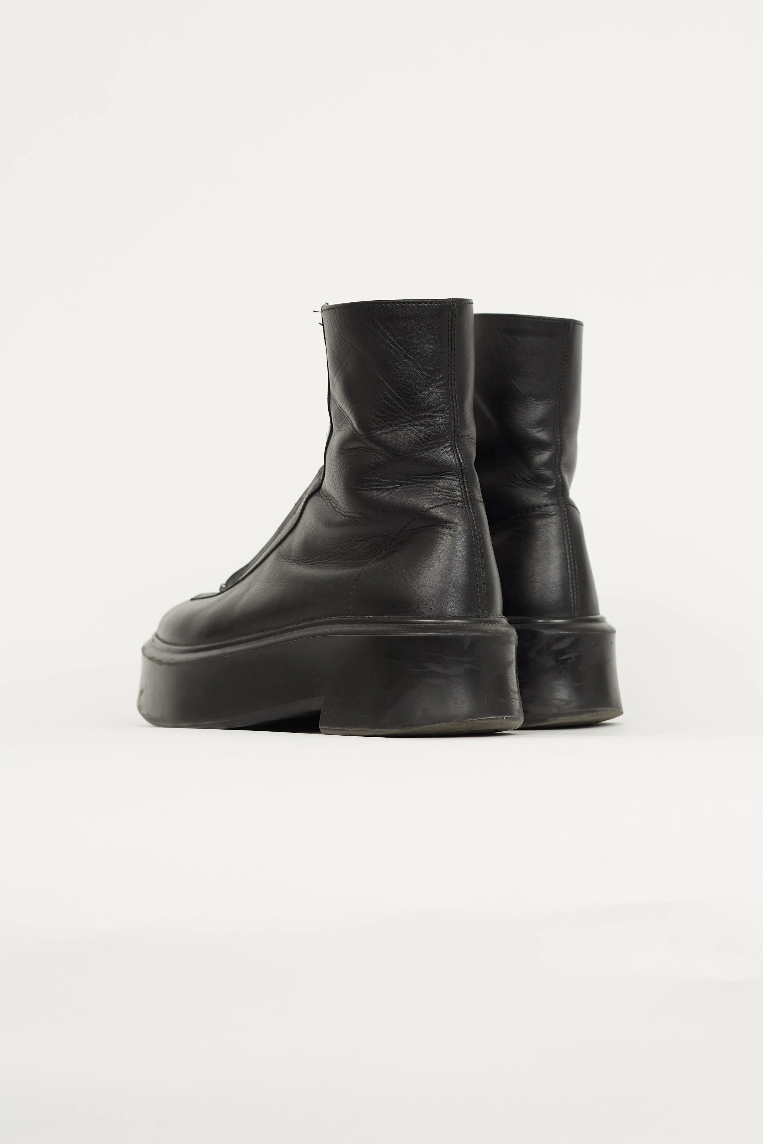 Black Leather Chunky Zip Front Boot