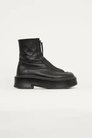 Black Leather Chunky Zip Front Boot
