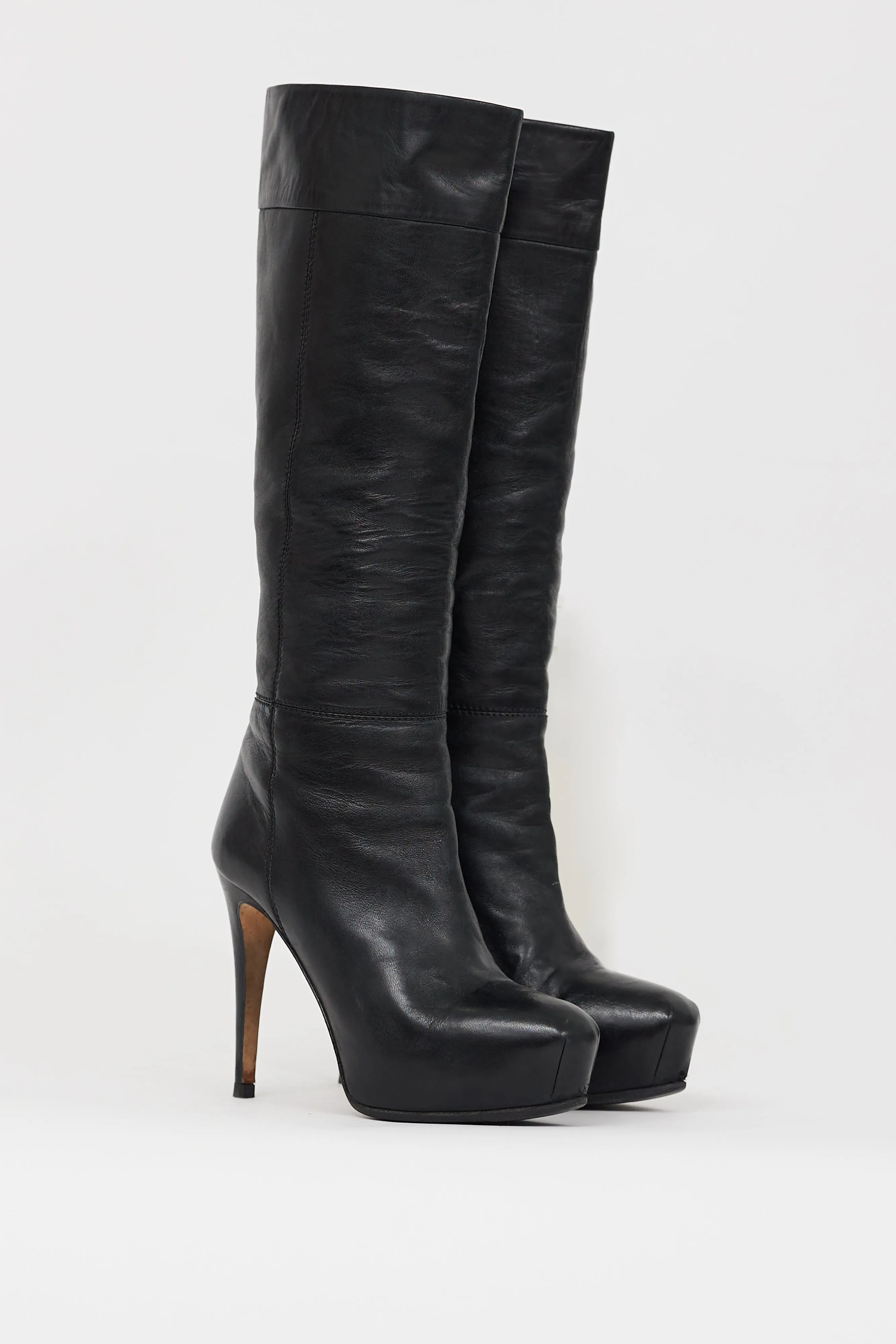 Black Leather Concealed Platform Knee High Boot