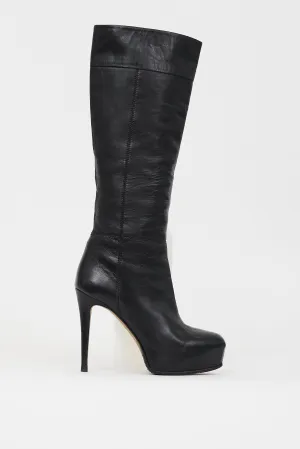 Black Leather Concealed Platform Knee High Boot