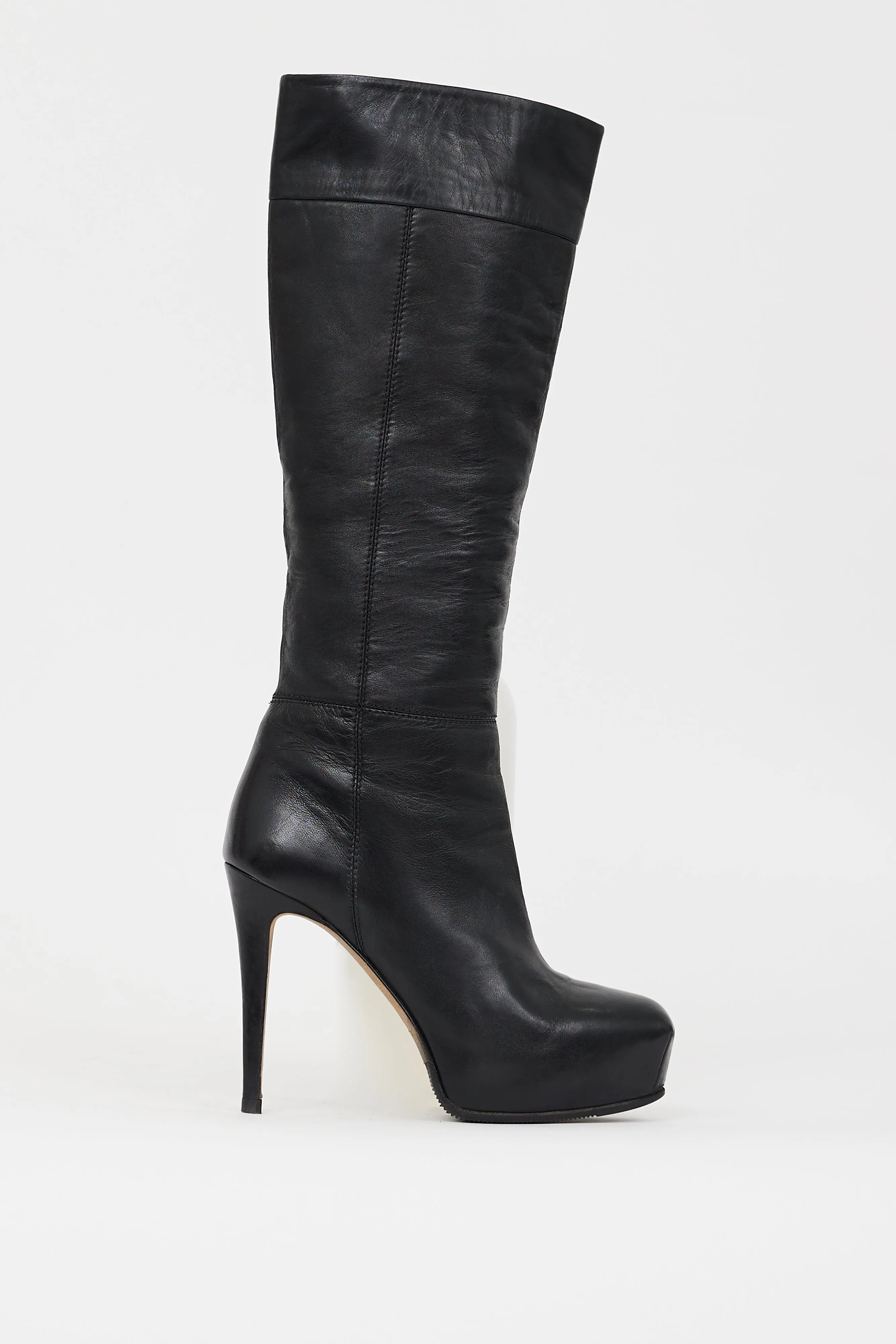 Black Leather Concealed Platform Knee High Boot