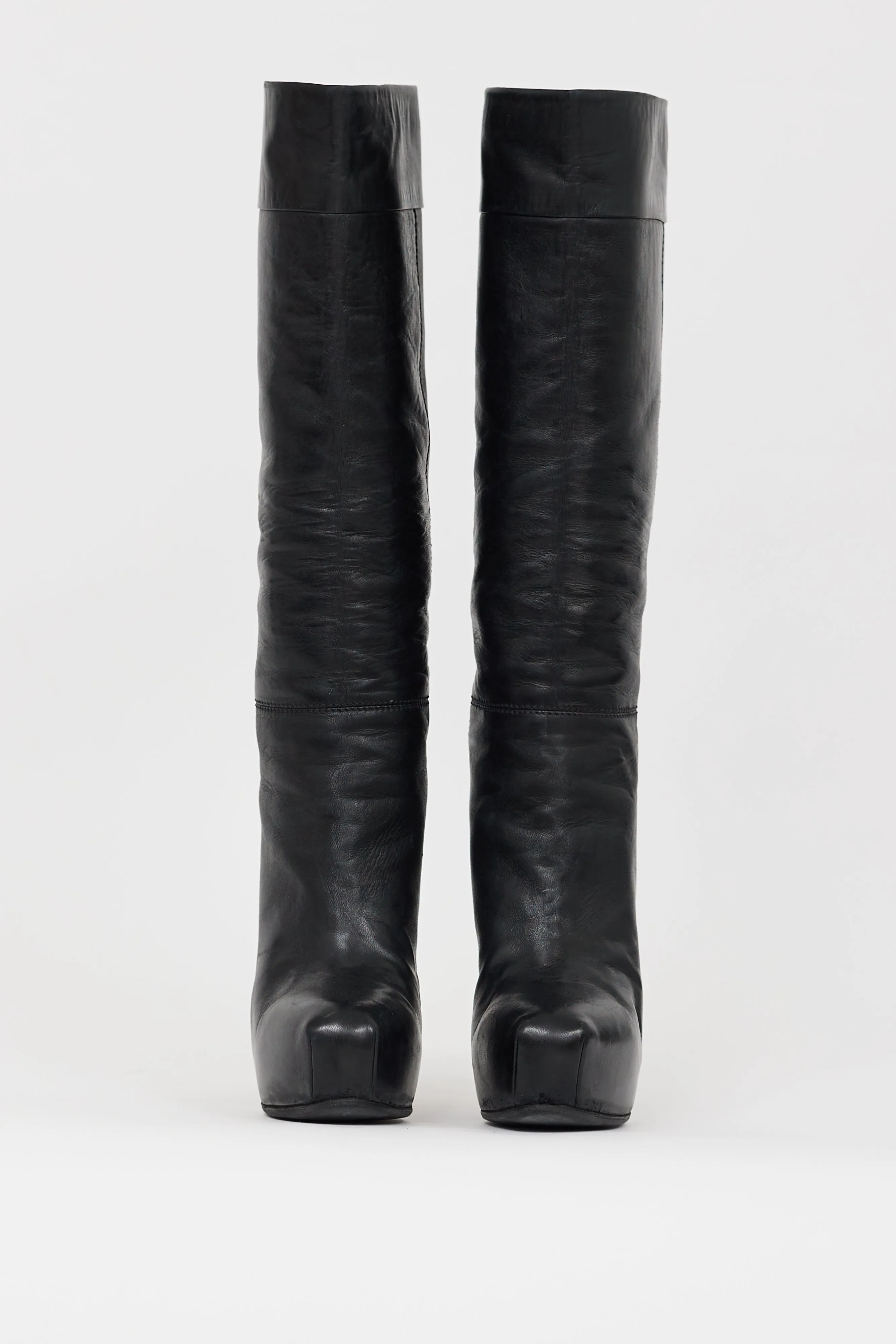 Black Leather Concealed Platform Knee High Boot