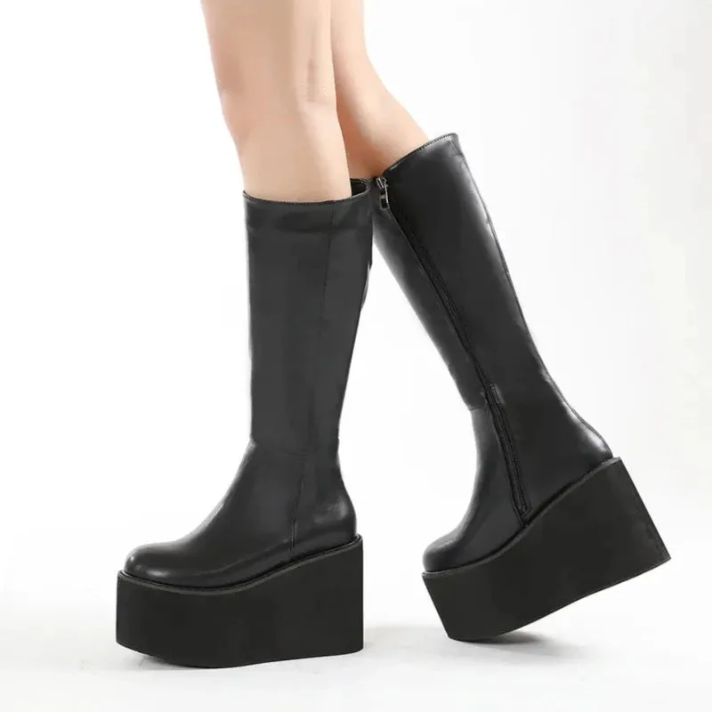 Black Leather Side Zip-Up Platform Wedge Heel Boots