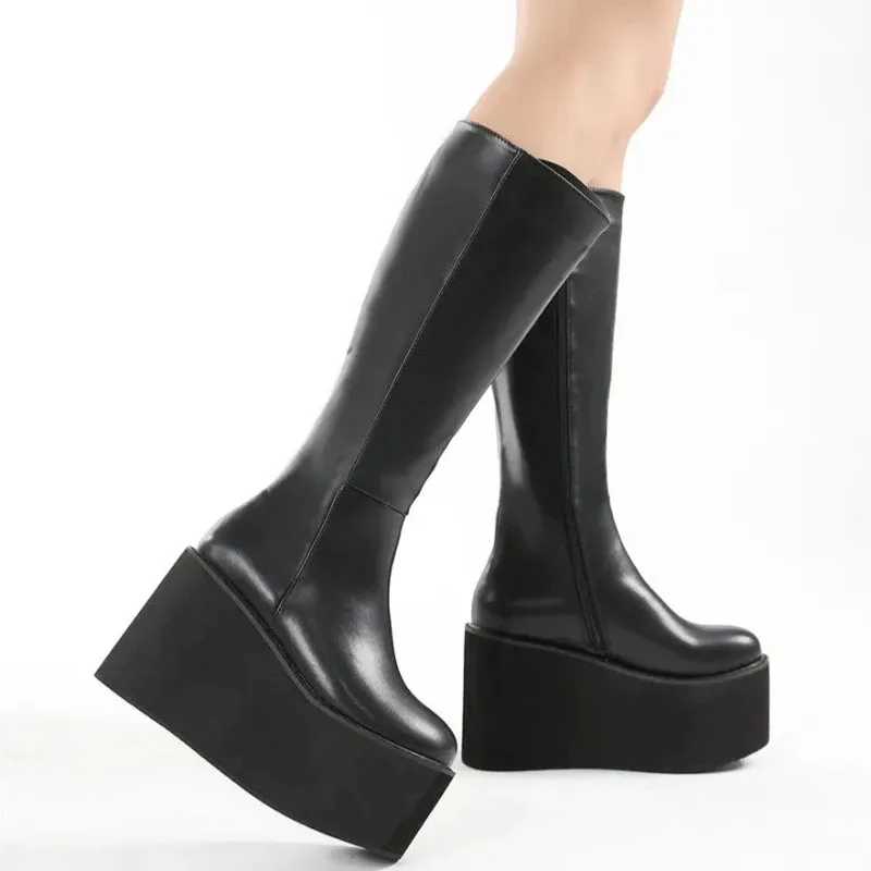 Black Leather Side Zip-Up Platform Wedge Heel Boots