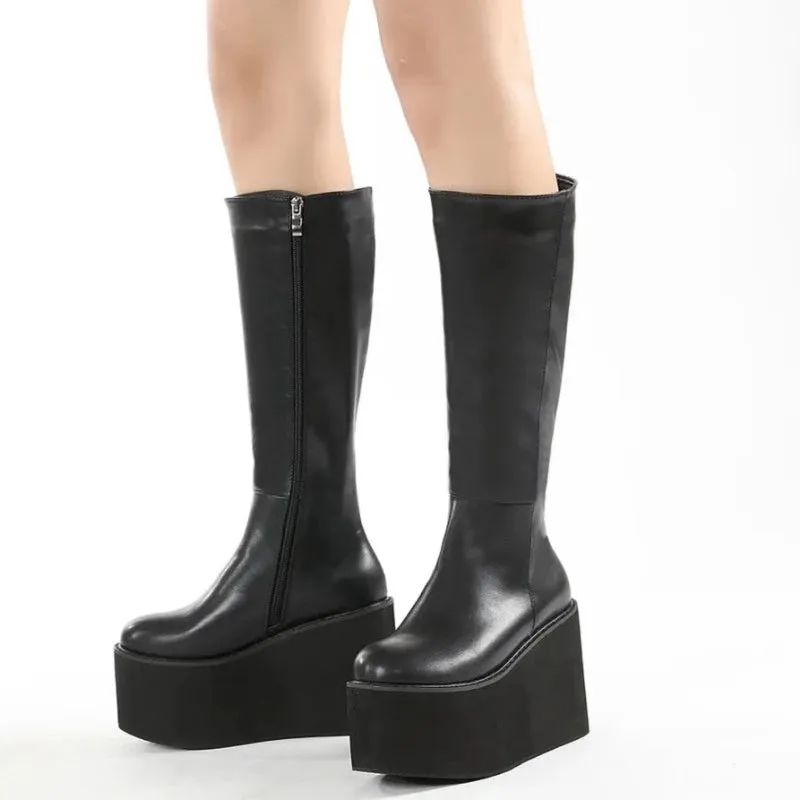 Black Leather Side Zip-Up Platform Wedge Heel Boots
