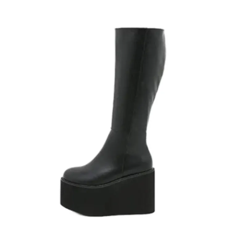 Black Leather Side Zip-Up Platform Wedge Heel Boots
