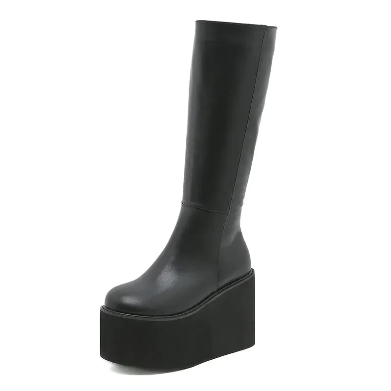 Black Leather Side Zip-Up Platform Wedge Heel Boots