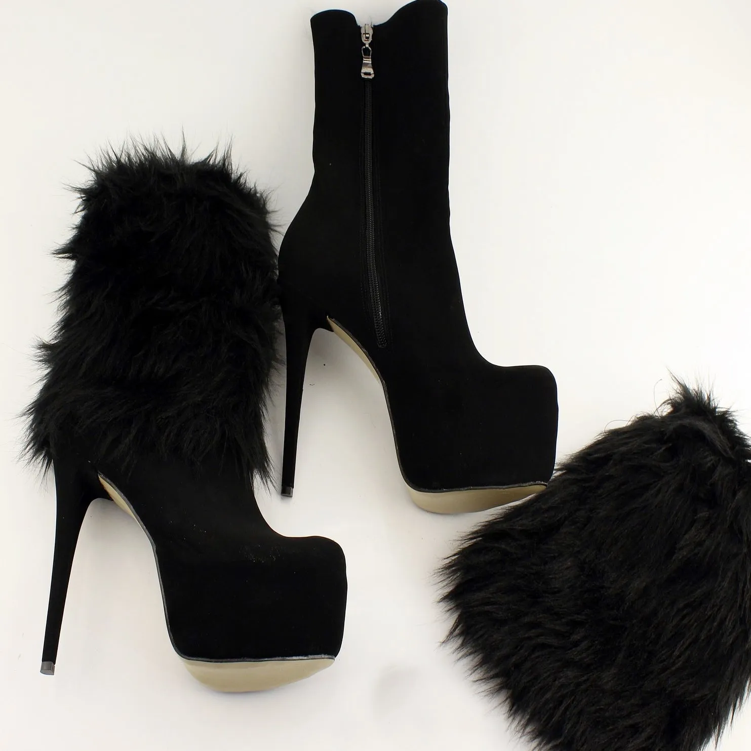 Black Suede Furry Platform Booties