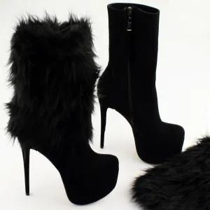 Black Suede Furry Platform Booties