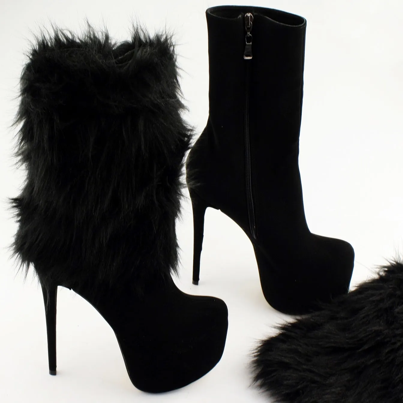Black Suede Furry Platform Booties