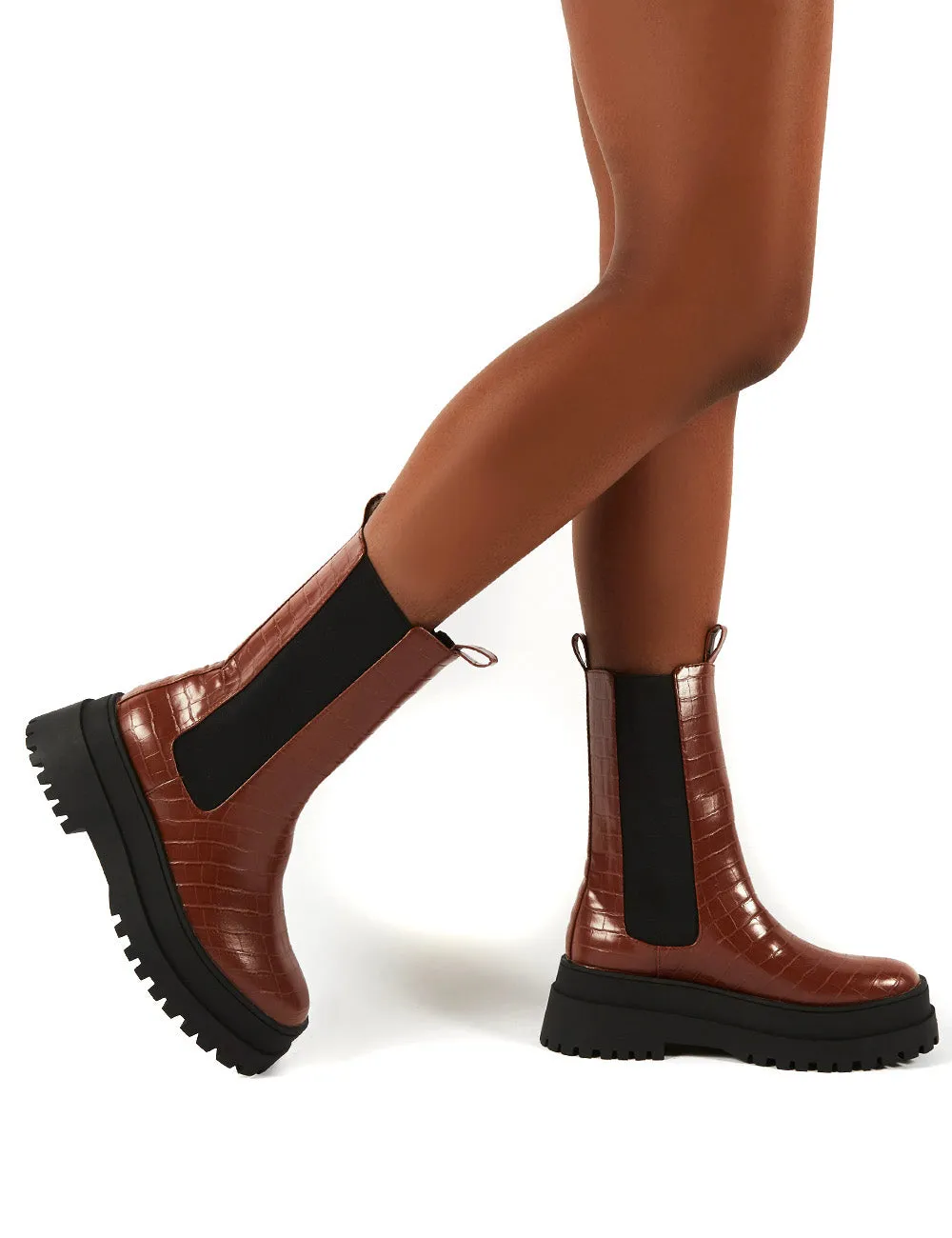 Blame Tan Chunky Sole Calf High Boots