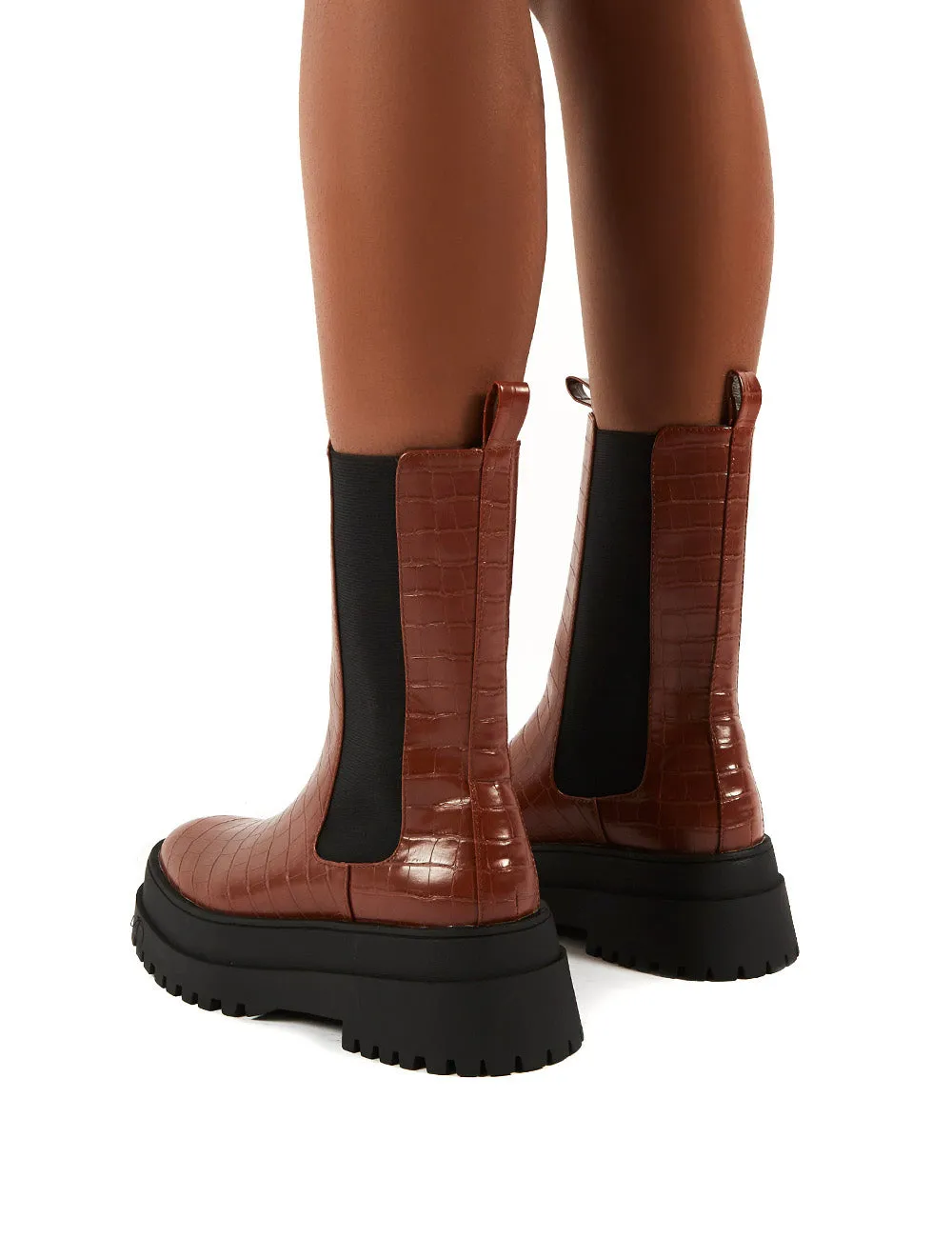 Blame Tan Chunky Sole Calf High Boots