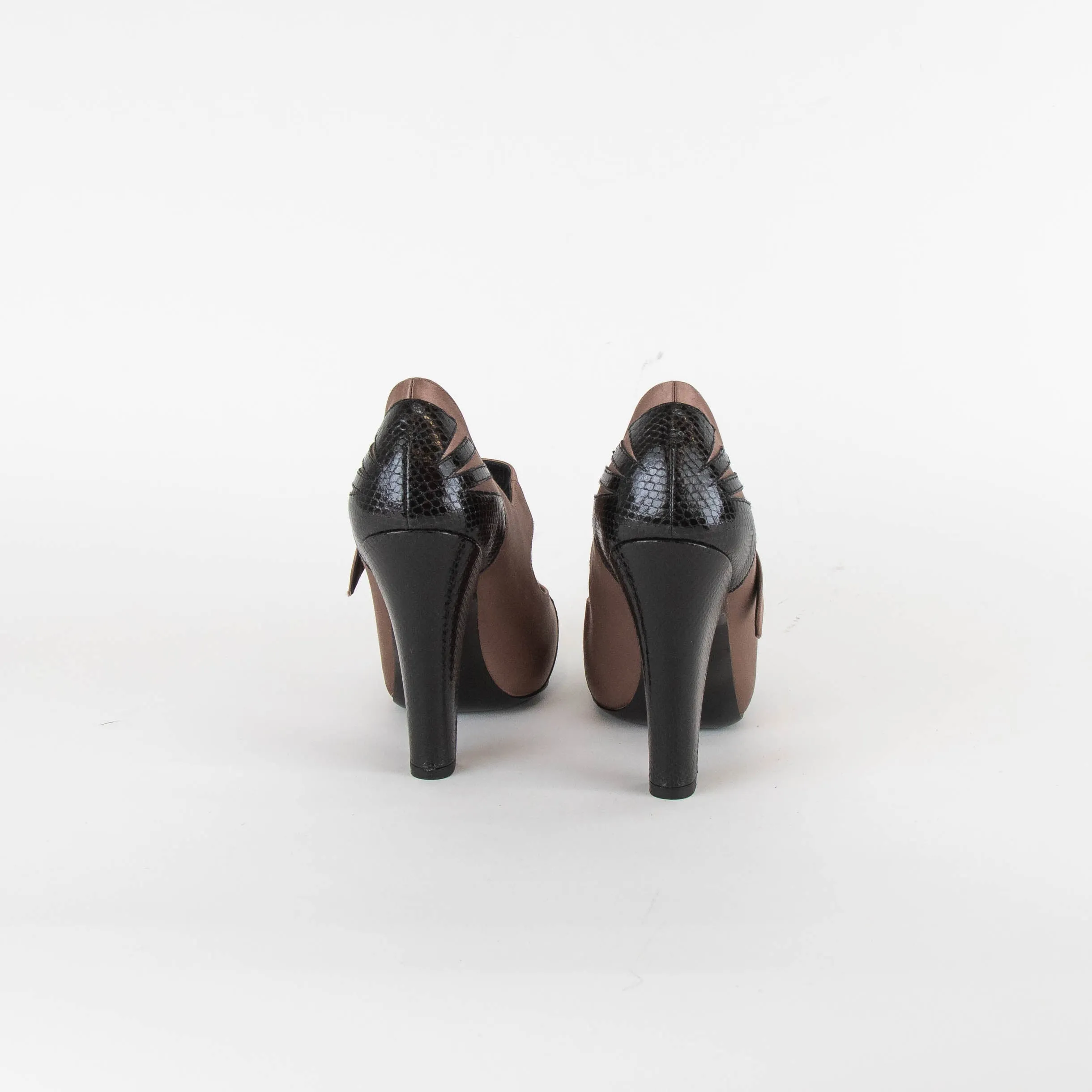 Bottega Veneta Mocca Brown Satin Lizard Leather Trim Heeled Shoes