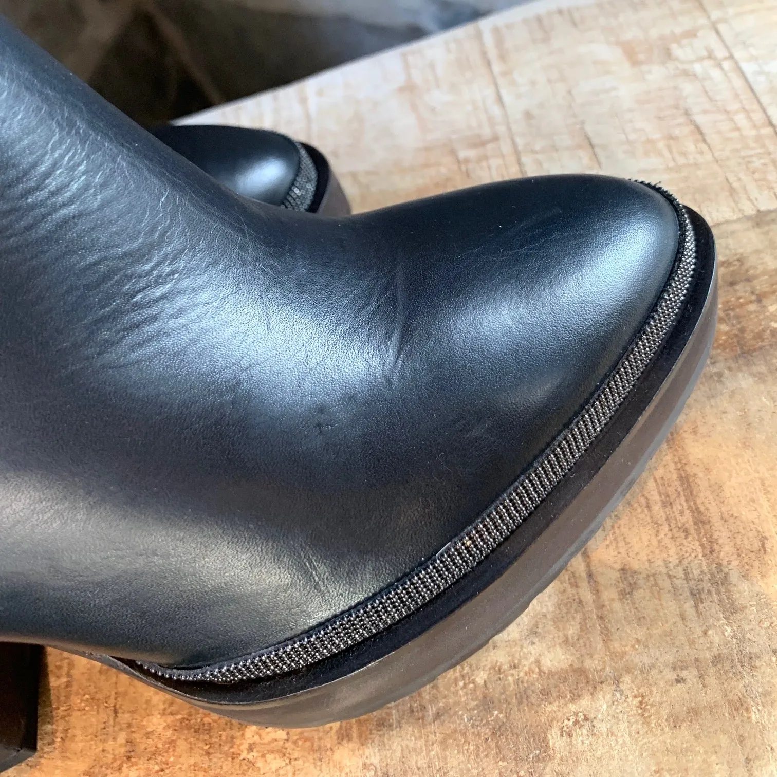 Brunello Cucinelli Black Leather Heeled Monili Trim Boots